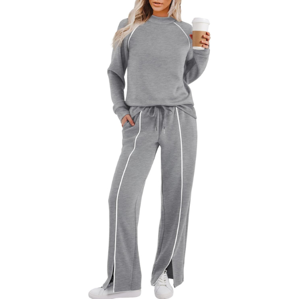 Two Piece Matching Outfit Set With Piping Detail Top And Loose Pants