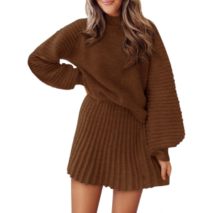 2 Piece Ribbed Knit Puff Sleeve Sweater Top And Mini Skirt Outfit Set - Image 35