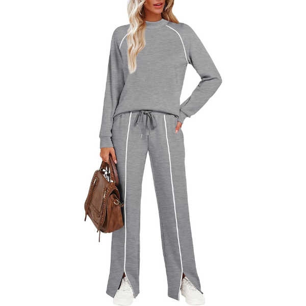 Two Piece Matching Outfit Set With Piping Detail Top And Loose Pants
