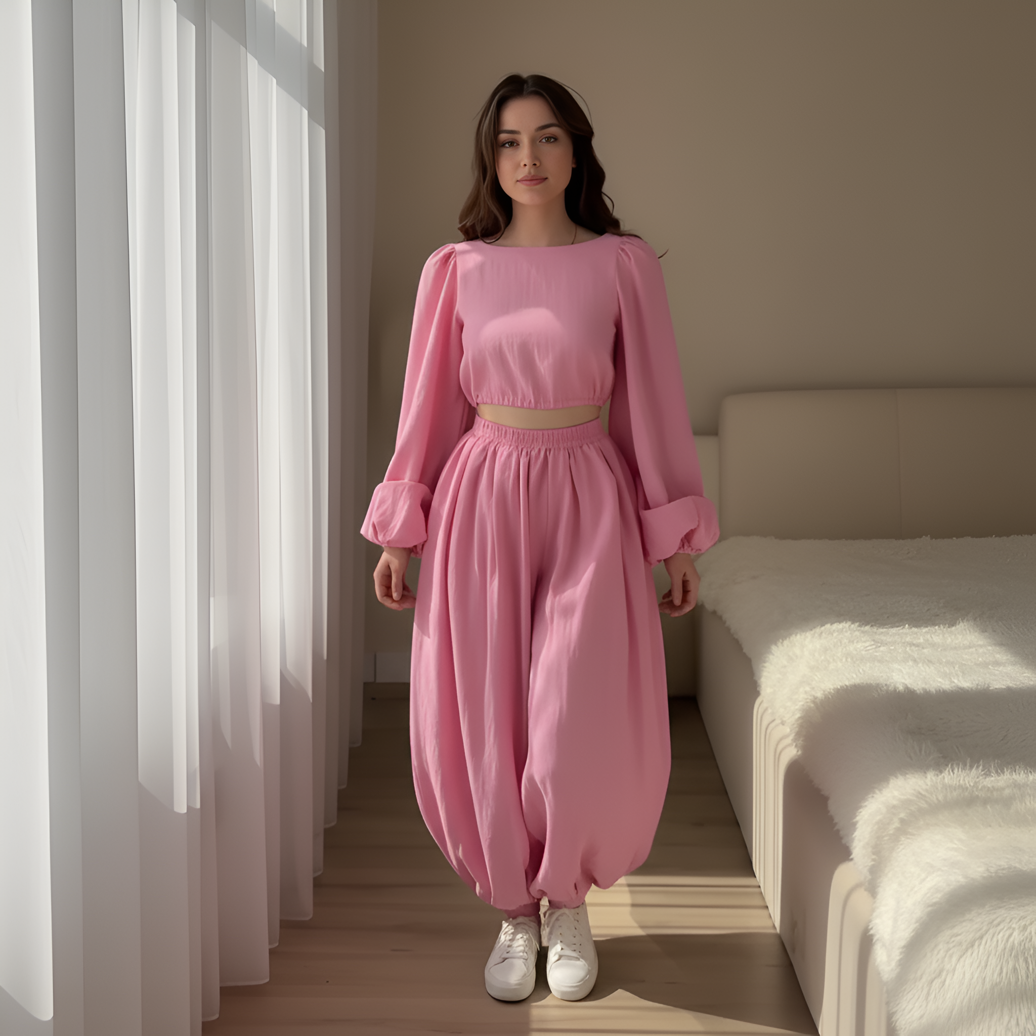 Puff Sleeve Crop Top And Pants Set For Women - Image 3