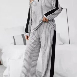 Knitted  Loose Fit Striped Patterned Tops And Pants Set - Image 4