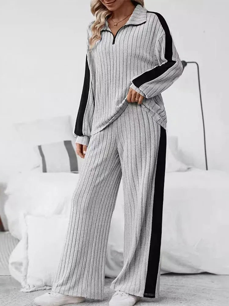Knitted  Loose Fit Striped Patterned Tops And Pants Set - Image 4