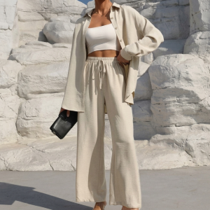Casual 2 Piece Long Sleeve Shirt And Wide Fit Trouser Set For Women - Image 11