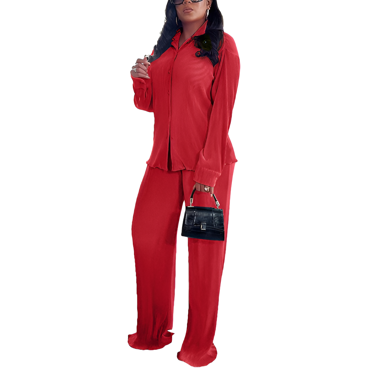 2 Piece Button Down Shirt And Pleated Pants Set For Women - Image 17