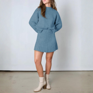2 Piece Ribbed Knit Puff Sleeve Sweater Top And Mini Skirt Outfit Set - Image 43