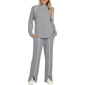 Two Piece Matching Outfit Set With Piping Detail Top And Loose Pants - Image 48