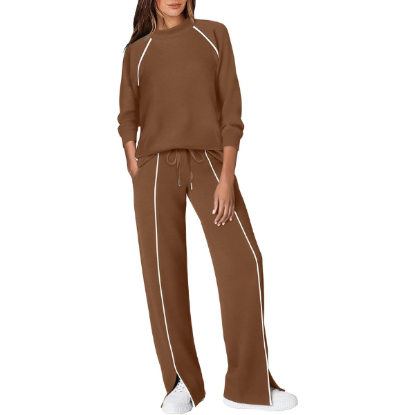 Two Piece Matching Outfit Set With Piping Detail Top And Loose Pants