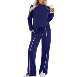 Two Piece Matching Outfit Set With Piping Detail Top And Loose Pants - Image 16