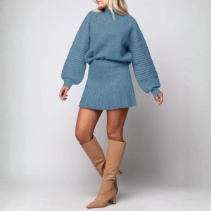 2 Piece Ribbed Knit Puff Sleeve Sweater Top And Mini Skirt Outfit Set - Image 41