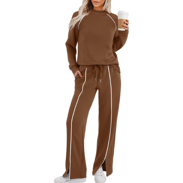 Two Piece Matching Outfit Set With Piping Detail Top And Loose Pants