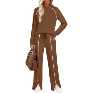 Two Piece Matching Outfit Set With Piping Detail Top And Loose Pants - Image 7