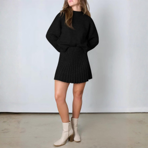 2 Piece Ribbed Knit Puff Sleeve Sweater Top And Mini Skirt Outfit Set - Image 46