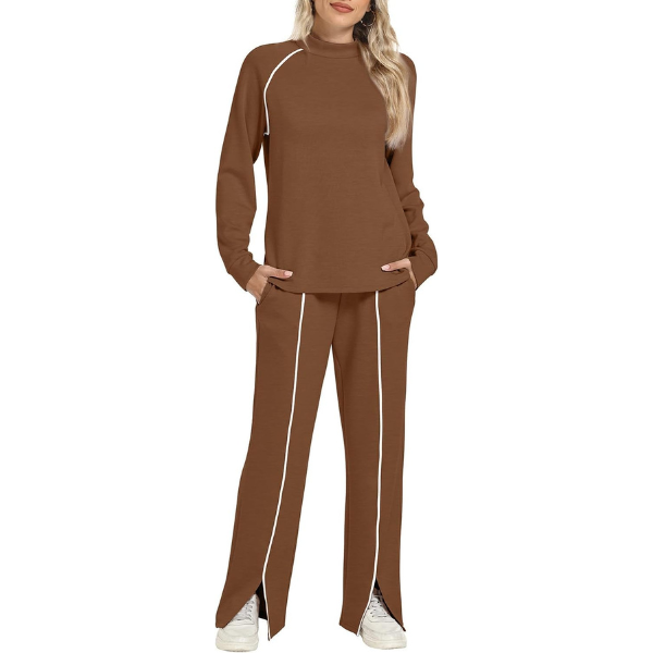 Two Piece Matching Outfit Set With Piping Detail Top And Loose Pants