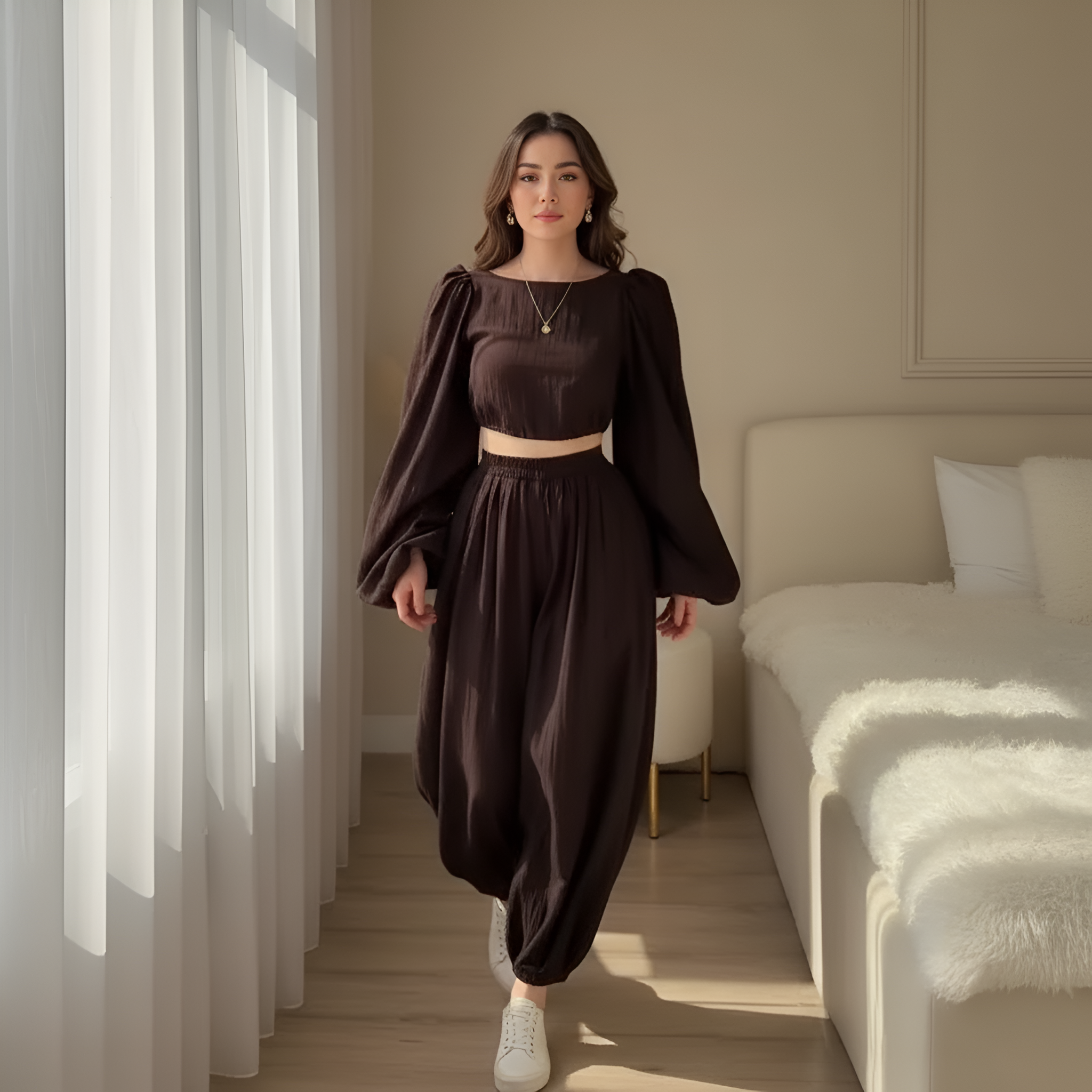 Puff Sleeve Crop Top And Pants Set For Women - Image 1