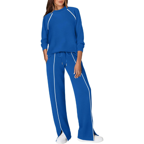 Two Piece Matching Outfit Set With Piping Detail Top And Loose Pants