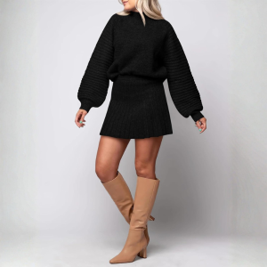 2 Piece Ribbed Knit Puff Sleeve Sweater Top And Mini Skirt Outfit Set - Image 48