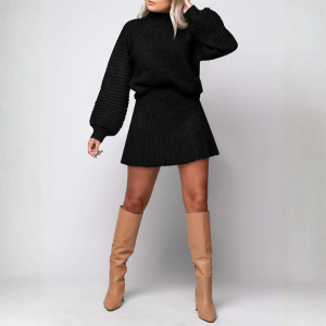 2 Piece Ribbed Knit Puff Sleeve Sweater Top And Mini Skirt Outfit Set - Image 49