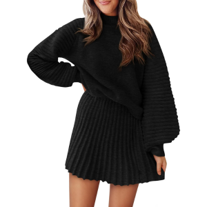 2 Piece Ribbed Knit Puff Sleeve Sweater Top And Mini Skirt Outfit Set - Image 45