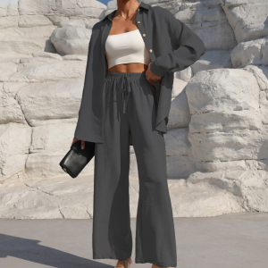 Casual 2 Piece Long Sleeve Shirt And Wide Fit Trouser Set For Women - Image 10