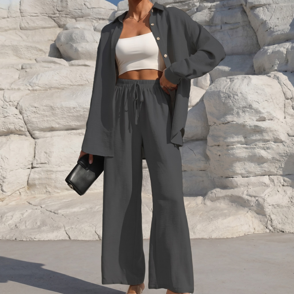 Casual 2 Piece Long Sleeve Shirt And Wide Fit Trouser Set For Women - Image 10