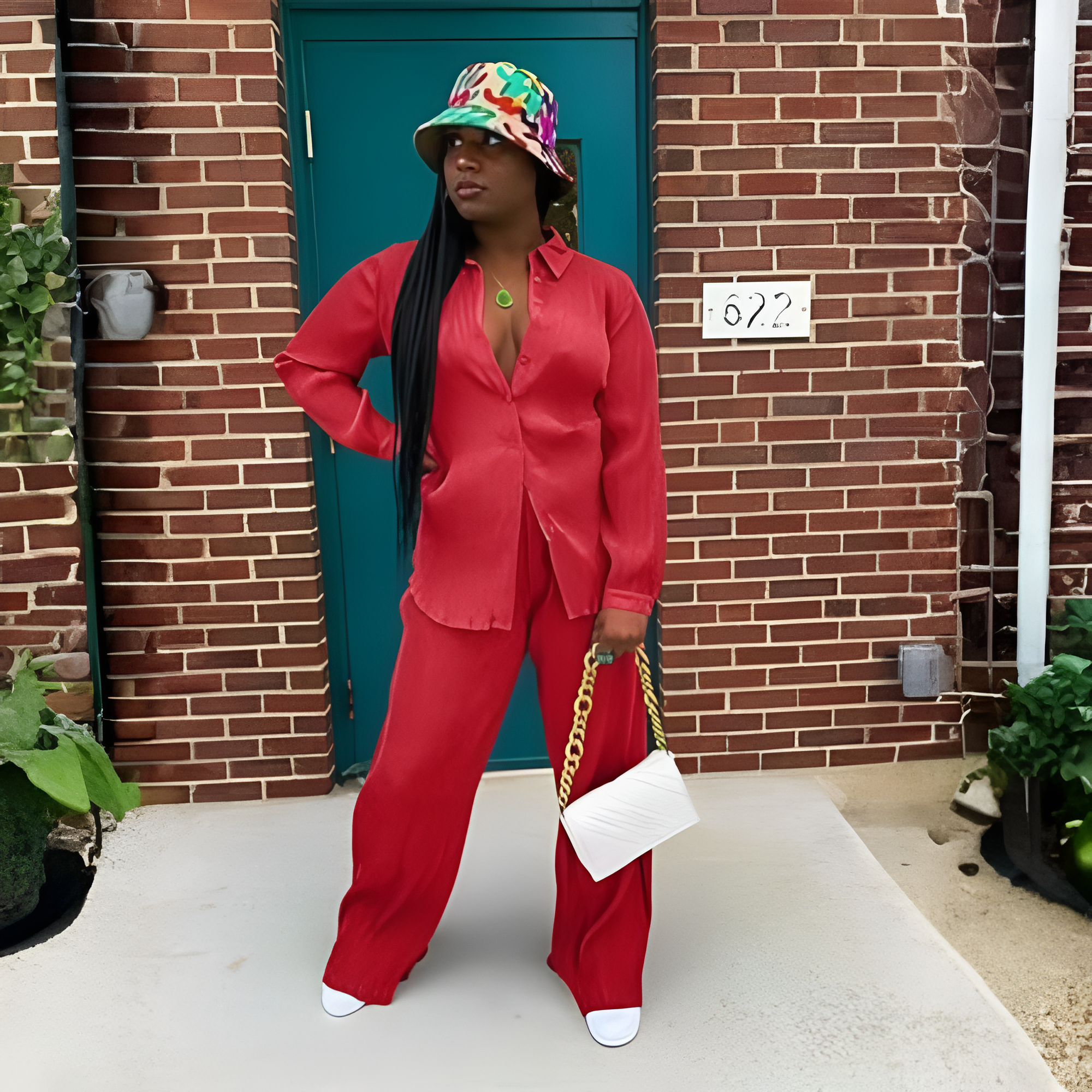 2 Piece Button Down Shirt And Pleated Pants Set For Women - Image 20