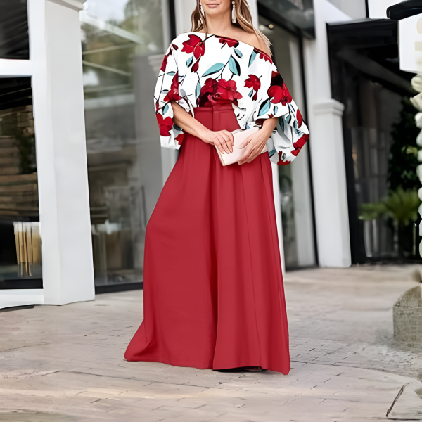 Two Piece Set With Flowy Pants And Lantern Sleeve Top For Women