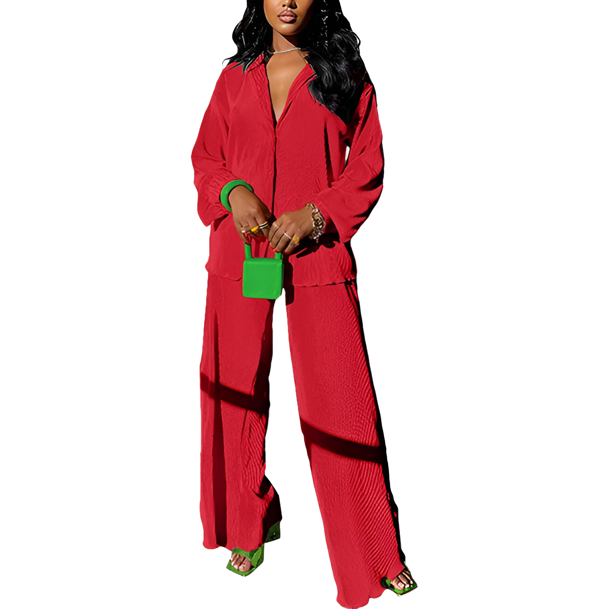 2 Piece Button Down Shirt And Pleated Pants Set For Women - Image 18