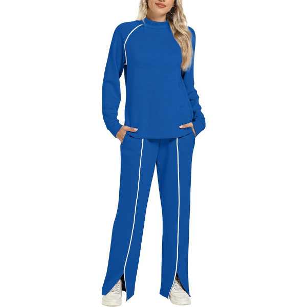 Two Piece Matching Outfit Set With Piping Detail Top And Loose Pants