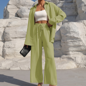 Casual 2 Piece Long Sleeve Shirt And Wide Fit Trouser Set For Women - Image 13
