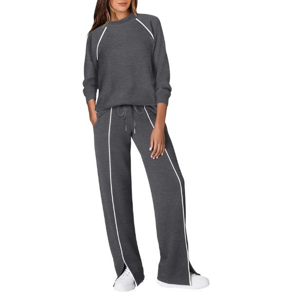 Two Piece Matching Outfit Set With Piping Detail Top And Loose Pants