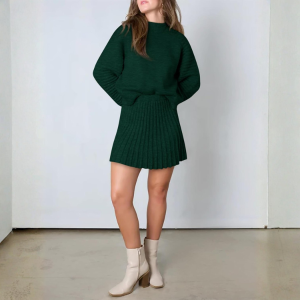 2 Piece Ribbed Knit Puff Sleeve Sweater Top And Mini Skirt Outfit Set - Image 8