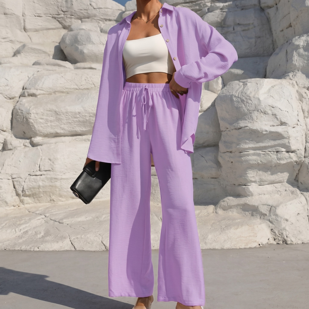 Casual 2 Piece Long Sleeve Shirt And Wide Fit Trouser Set For Women - Image 9