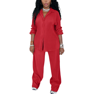 2 Piece Button Down Shirt And Pleated Pants Set For Women - Image 19