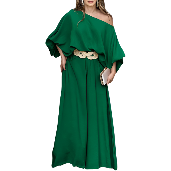 Two Piece Set With Flowy Pants And Lantern Sleeve Top For Women