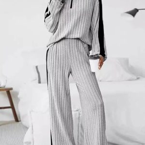 Knitted  Loose Fit Striped Patterned Tops And Pants Set - Image 5