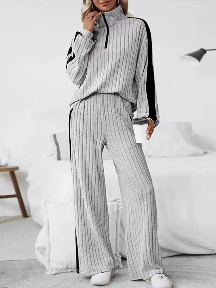 Knitted  Loose Fit Striped Patterned Tops And Pants Set - Image 5