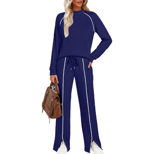 Two Piece Matching Outfit Set With Piping Detail Top And Loose Pants