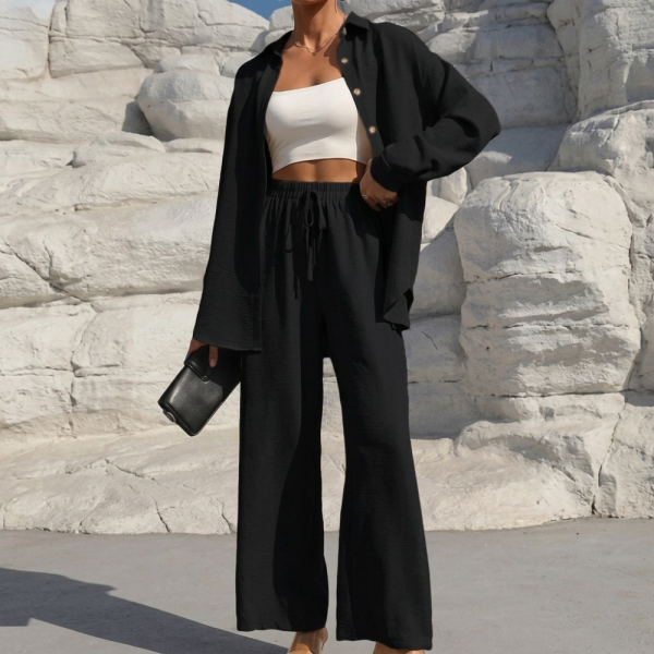 Casual 2 Piece Long Sleeve Shirt And Wide Fit Trouser Set For Women