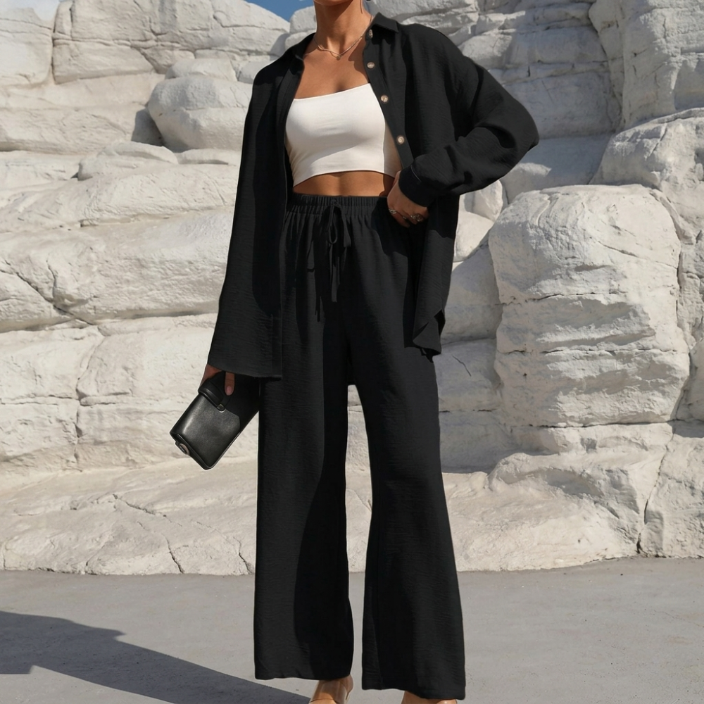 Casual 2 Piece Long Sleeve Shirt And Wide Fit Trouser Set For Women - Image 8