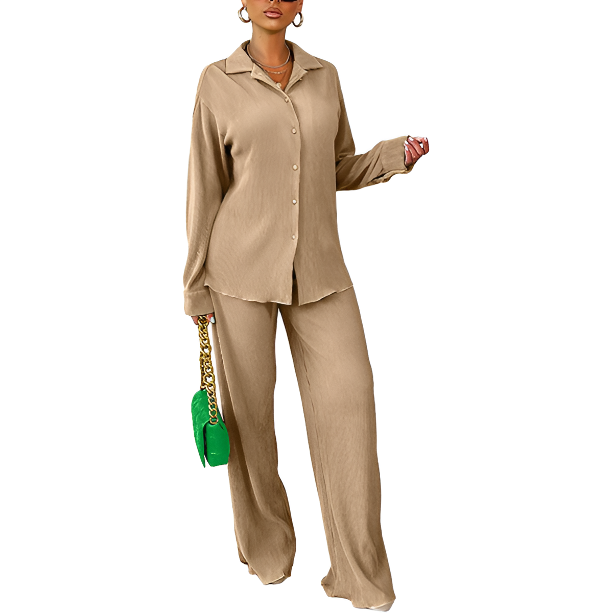 2 Piece Button Down Shirt And Pleated Pants Set For Women - Image 30