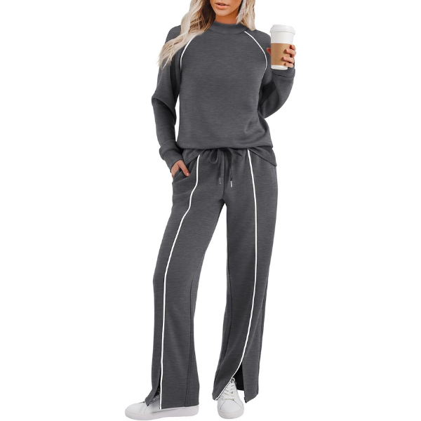 Two Piece Matching Outfit Set With Piping Detail Top And Loose Pants