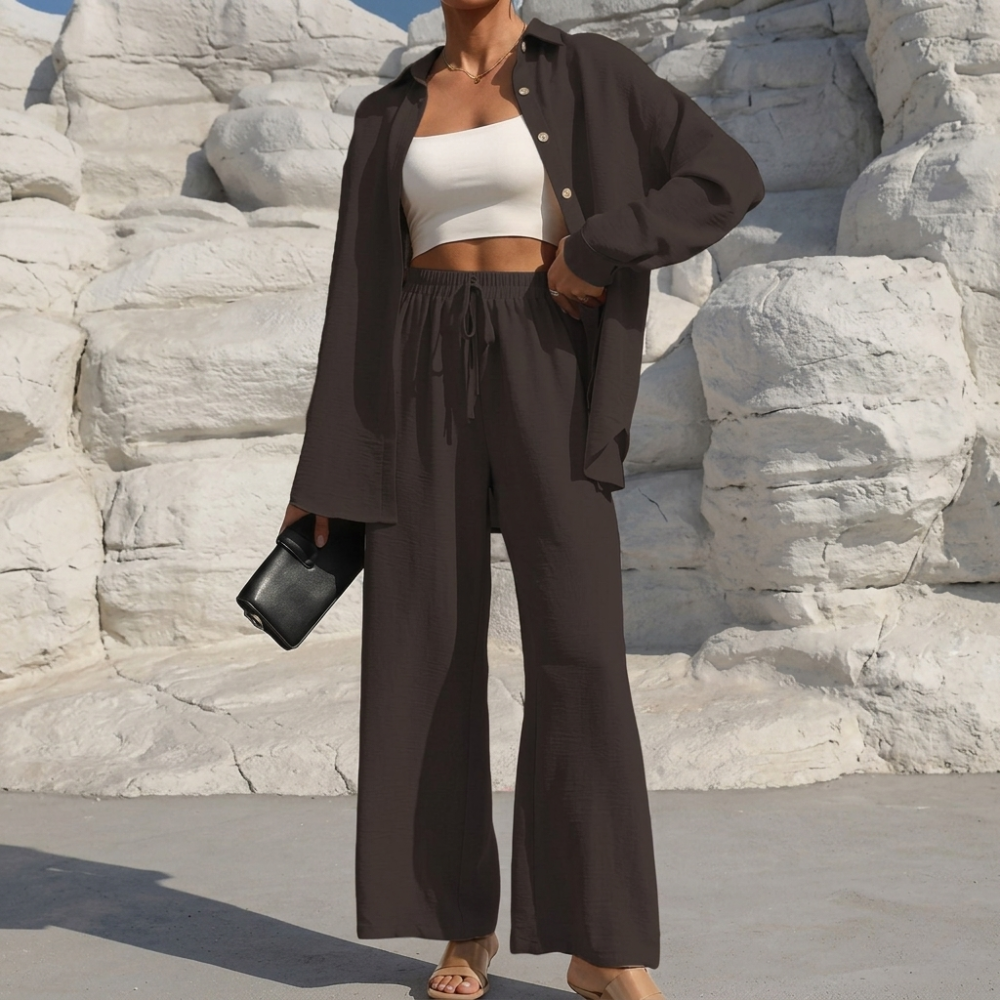 Casual 2 Piece Long Sleeve Shirt And Wide Fit Trouser Set For Women - Image 6