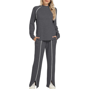 Two Piece Matching Outfit Set With Piping Detail Top And Loose Pants - Image 25