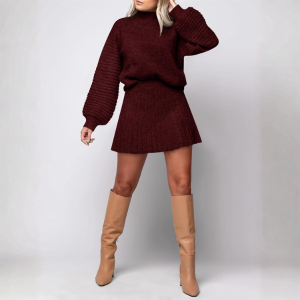 2 Piece Ribbed Knit Puff Sleeve Sweater Top And Mini Skirt Outfit Set - Image 2