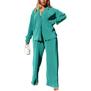 2 Piece Button Down Shirt And Pleated Pants Set For Women - Image 22