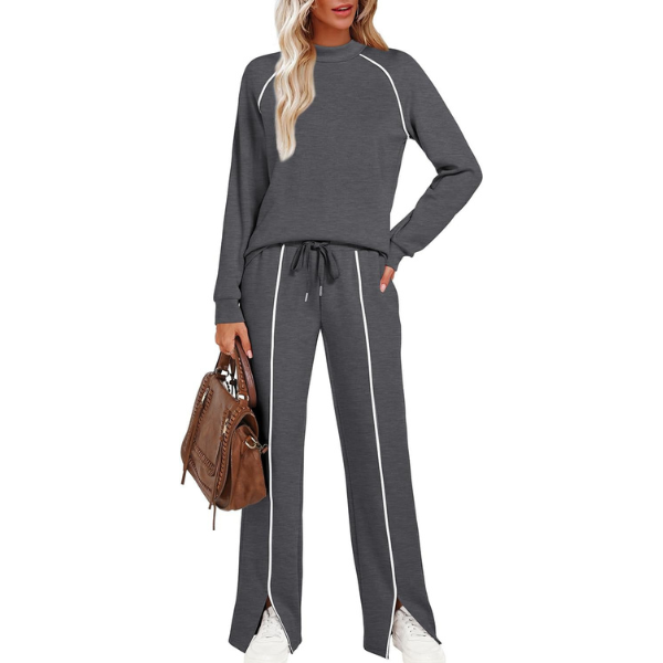 Two Piece Matching Outfit Set With Piping Detail Top And Loose Pants