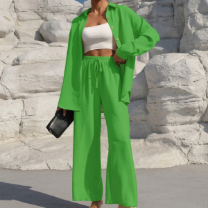 Casual 2 Piece Long Sleeve Shirt And Wide Fit Trouser Set For Women - Image 7