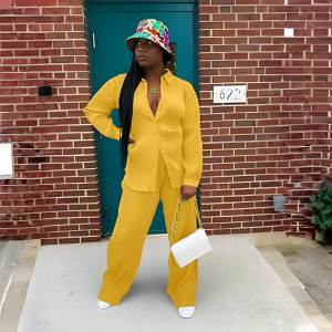 2 Piece Button Down Shirt And Pleated Pants Set For Women - Image 36