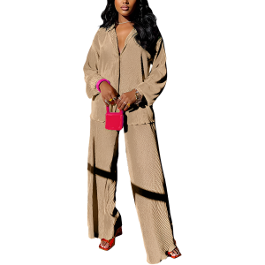 2 Piece Button Down Shirt And Pleated Pants Set For Women - Image 29