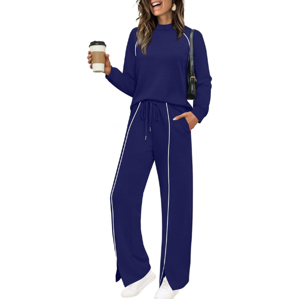 Two Piece Matching Outfit Set With Piping Detail Top And Loose Pants